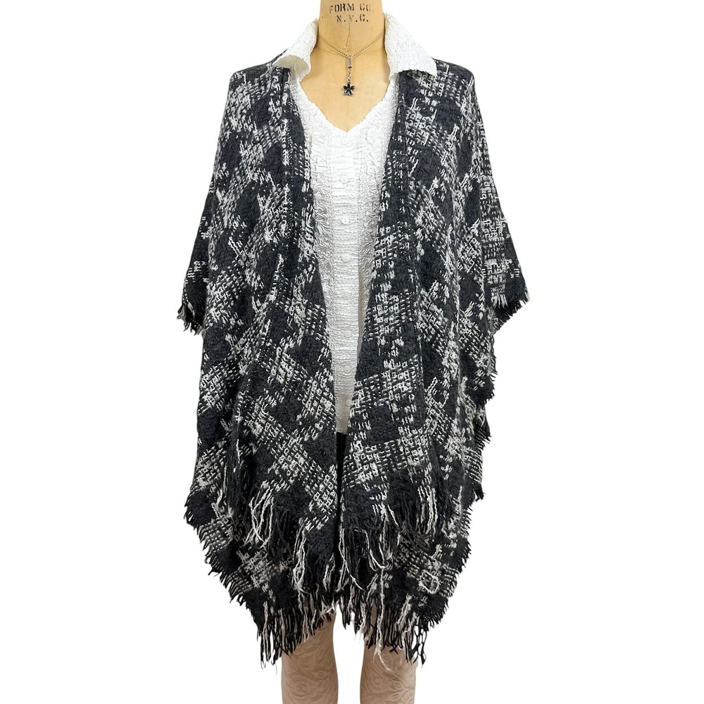 Y2K Dark Academia Plaid Poncho Frayed Hem Open Front Wrap Gothic OS